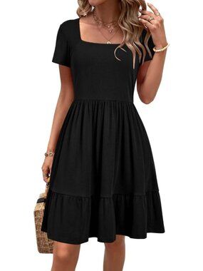 Women's Black Short Sleeve Square Neck Dresses Casual Beach Vacation Mini Dress